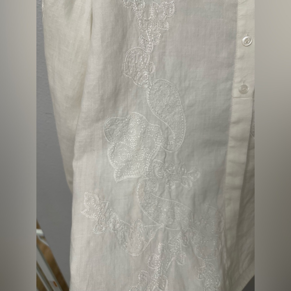 Liz Claiborne Linen Button Down Embroidered Cream Blouse Size M - Picture 7 of 11